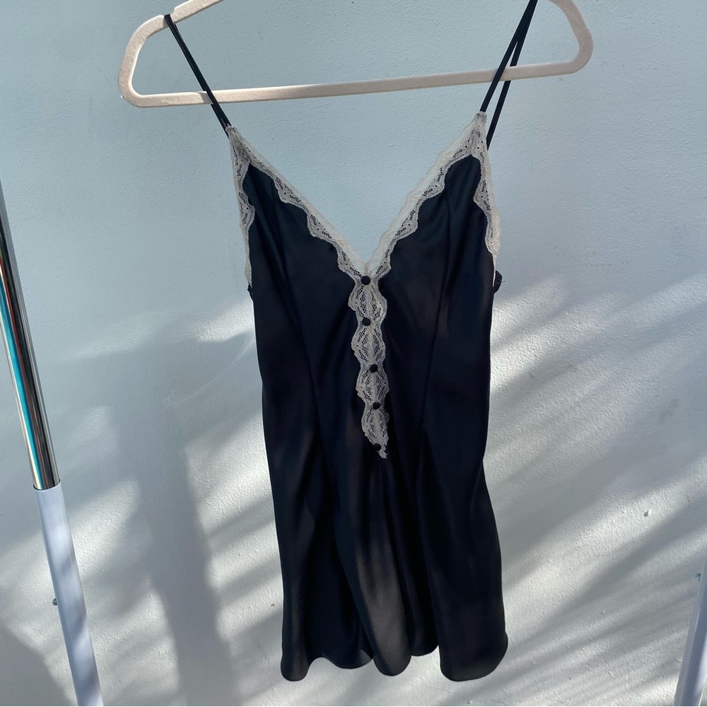 Lace Trim Satin Chemise Slip - Black